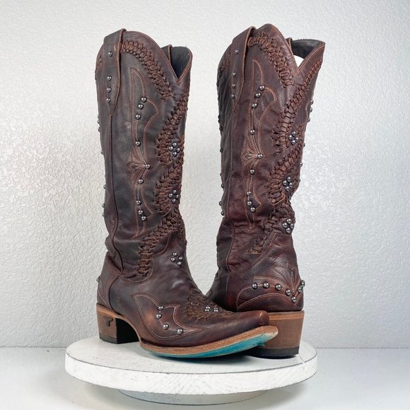 Lane COSSETTE Cowgirl Western Boots 10 Brown Leather Mid Calf Cowboy Snip Toe - Picture 1 of 10